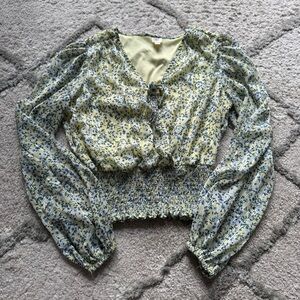 Autres Filles floral yellow blue white crop long sleeve smocked top blouse XS